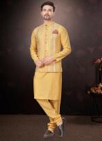 Pure Silk Yellow Traditional Wear Mirror Work Readymade Modi Jacket Kurta Pajama